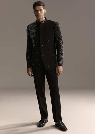 Black Jodhpuri Suit For Men With Heavy Hand Embroidery