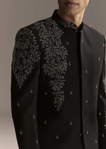 Black Jodhpuri Suit For Men With Heavy Hand Embroidery