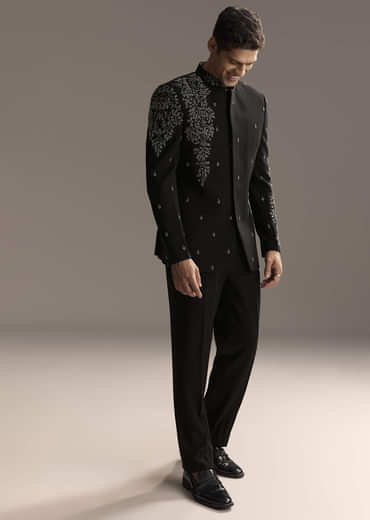 Black Jodhpuri Suit For Men With Heavy Hand Embroidery