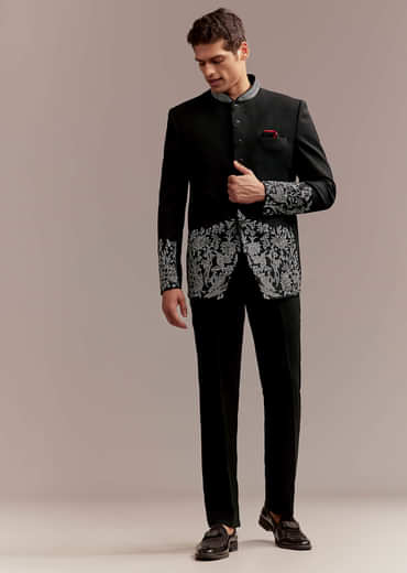 Black Jodhpuri Suit For Men With Silver Floral And Bird Embroidery
