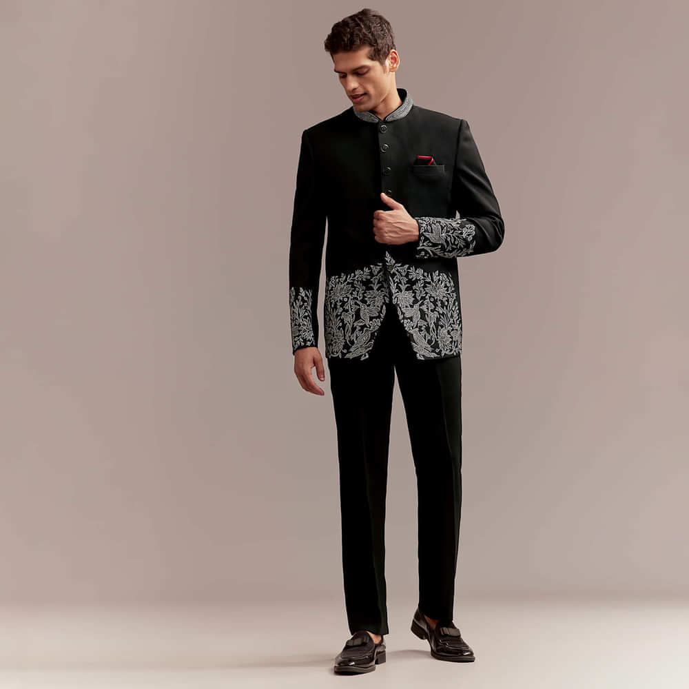 Black Jodhpuri Suit For Men With Silver Floral And Bird Embroidery