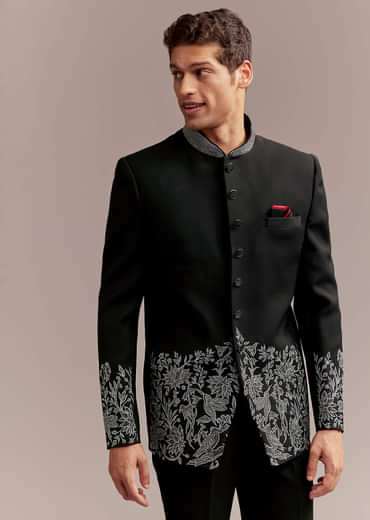 Black Jodhpuri Suit For Men With Silver Floral And Bird Embroidery