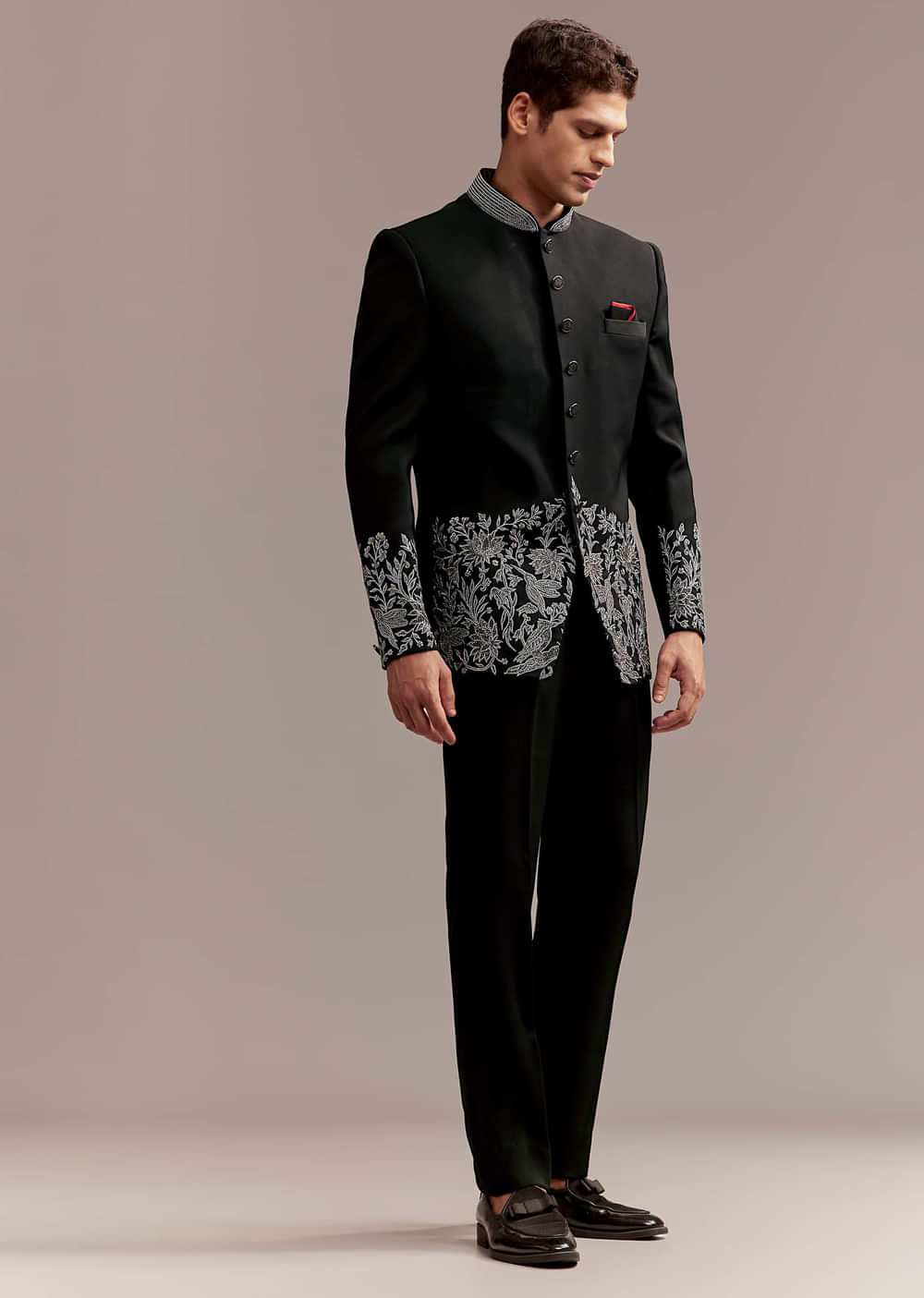 Black Jodhpuri Suit For Men With Silver Floral And Bird Embroidery