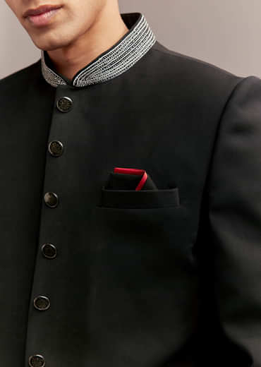 Black Jodhpuri Suit For Men With Silver Floral And Bird Embroidery