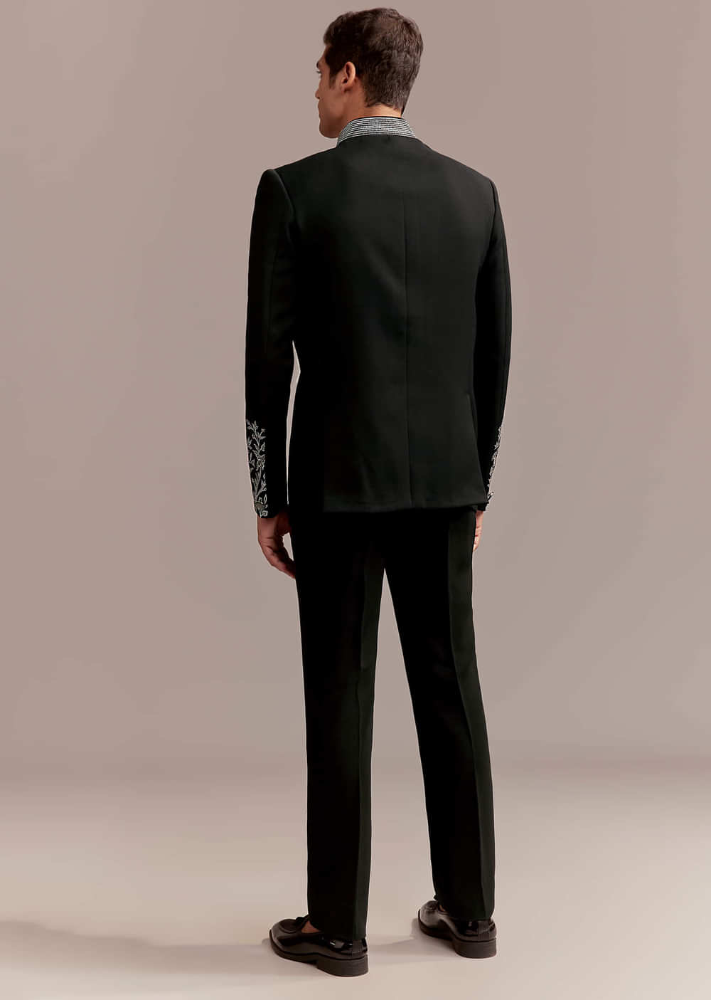 Black Jodhpuri Suit For Men With Silver Floral And Bird Embroidery
