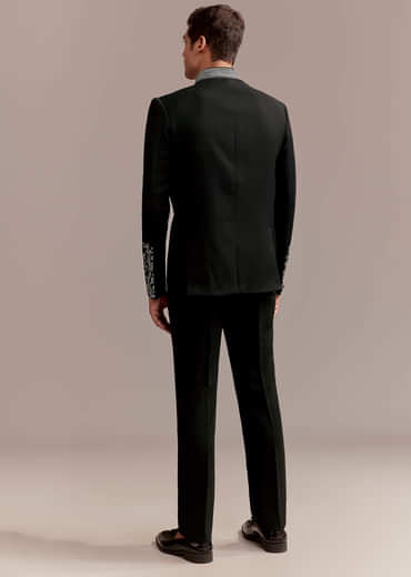 Black Jodhpuri Suit For Men With Silver Floral And Bird Embroidery