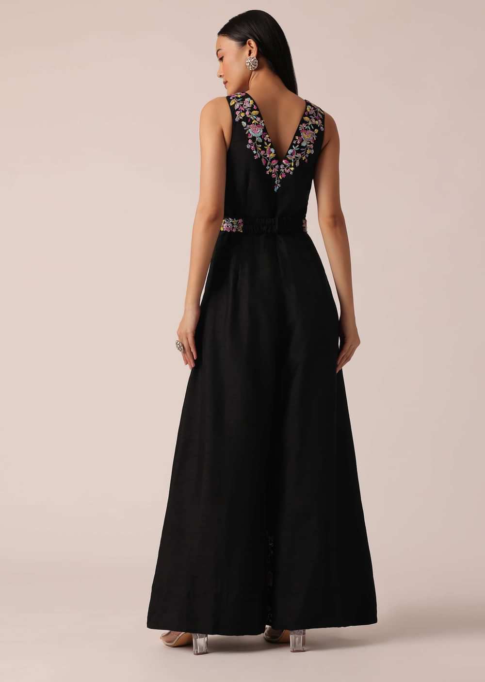 Black Jumpsuit With Floral Motif Embroidery