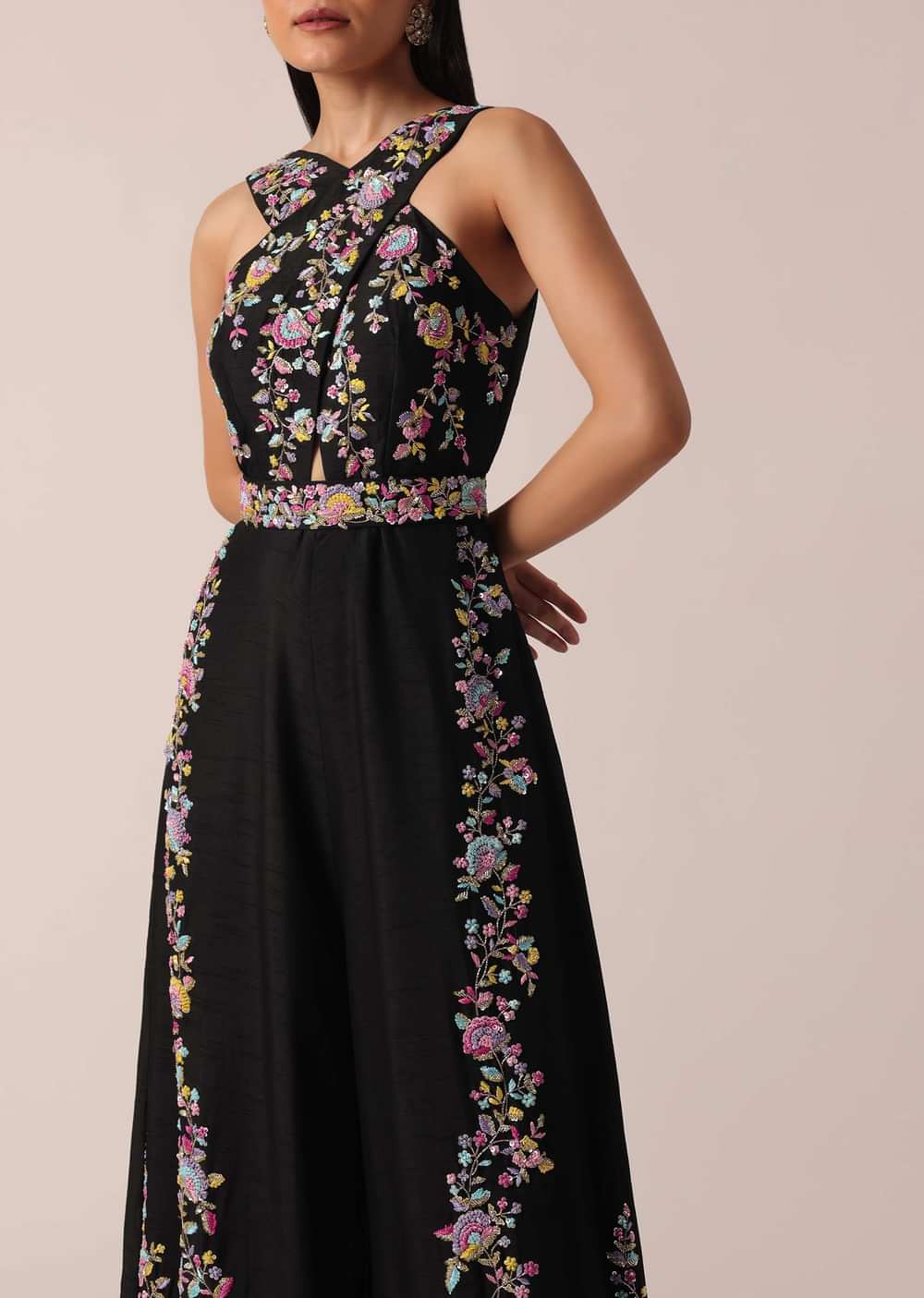 Black Jumpsuit With Floral Motif Embroidery