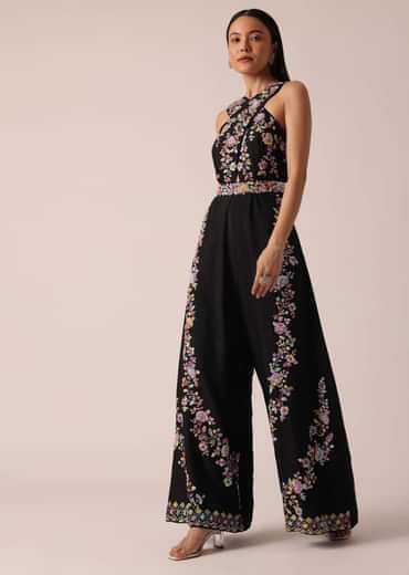 Black Jumpsuit With Floral Motif Embroidery