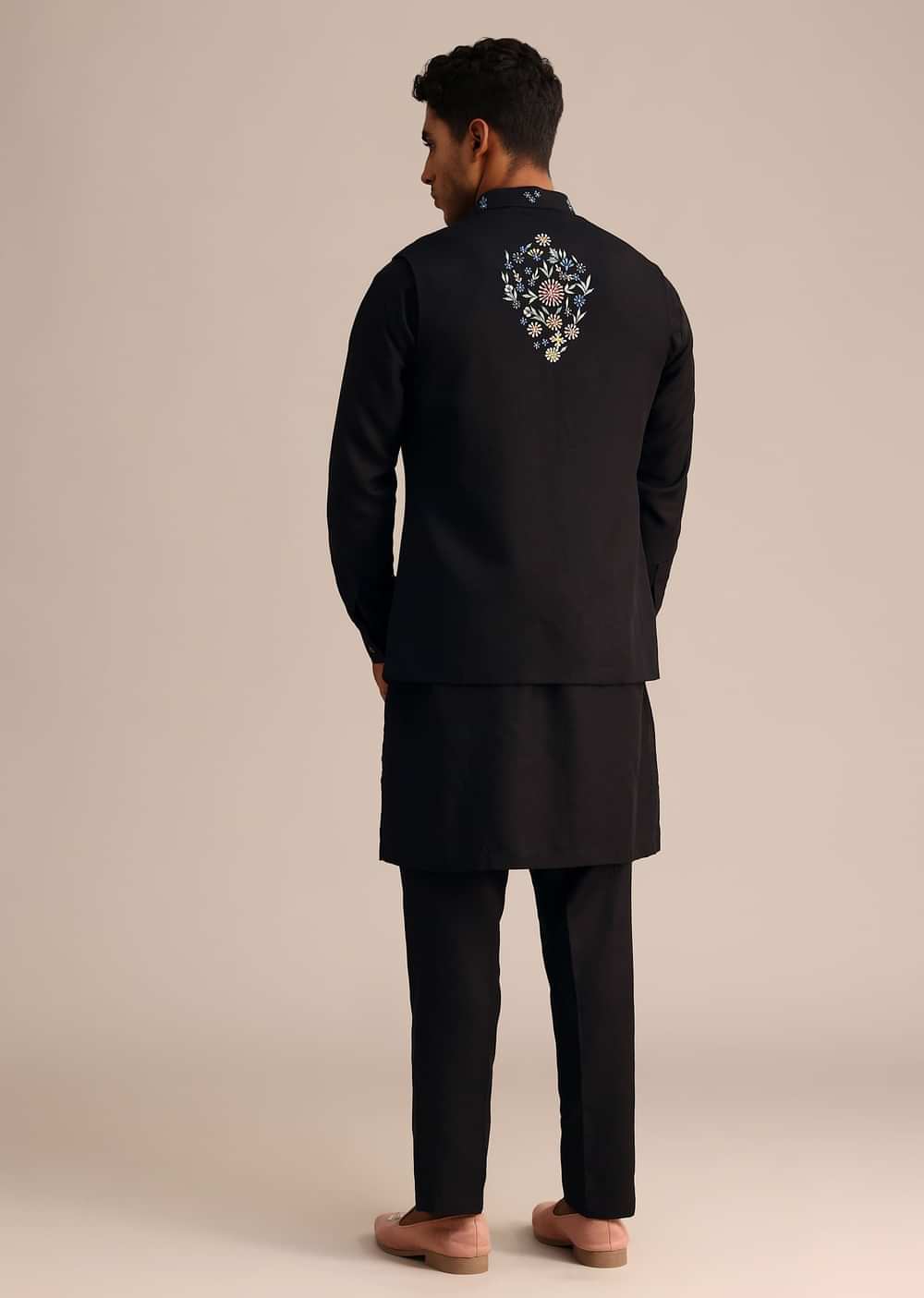 Black Kurta Jacket Set With Floral Embroidered Motifs