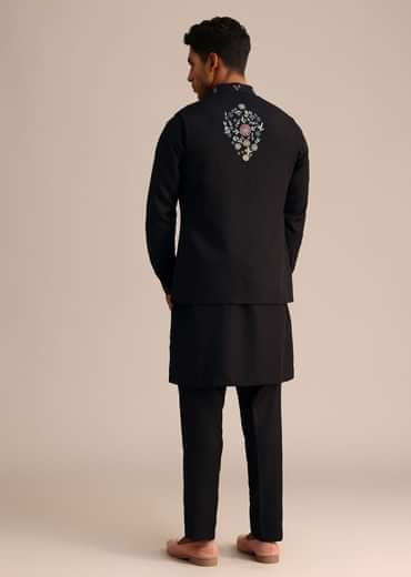 Black Kurta Jacket Set With Floral Embroidered Motifs