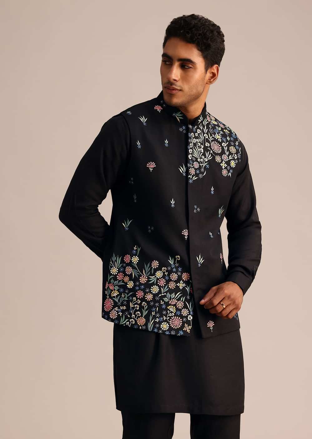 Black Kurta Jacket Set With Floral Embroidered Motifs