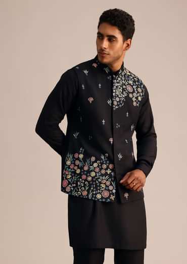 Black Kurta Jacket Set With Floral Embroidered Motifs