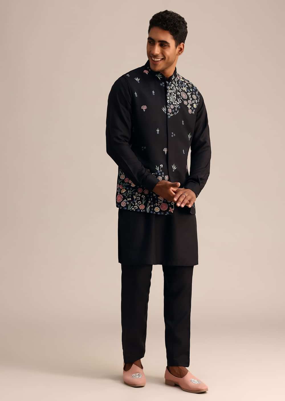 Black Kurta Jacket Set With Floral Embroidered Motifs