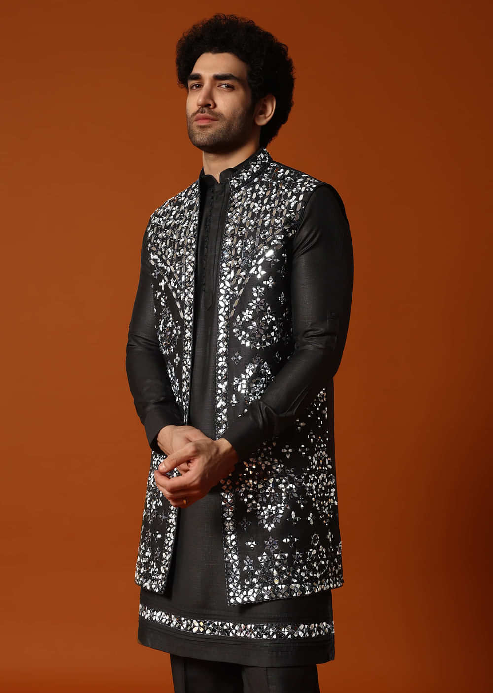 Black Kurta Jacket Set With Mirror Work For Men