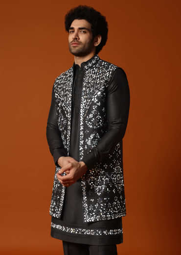 Black Kurta Jacket Set With Mirror Work For Men