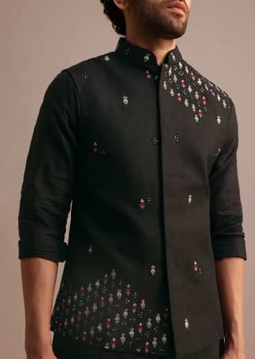 Black Kurta Jacket Set With Resham Work