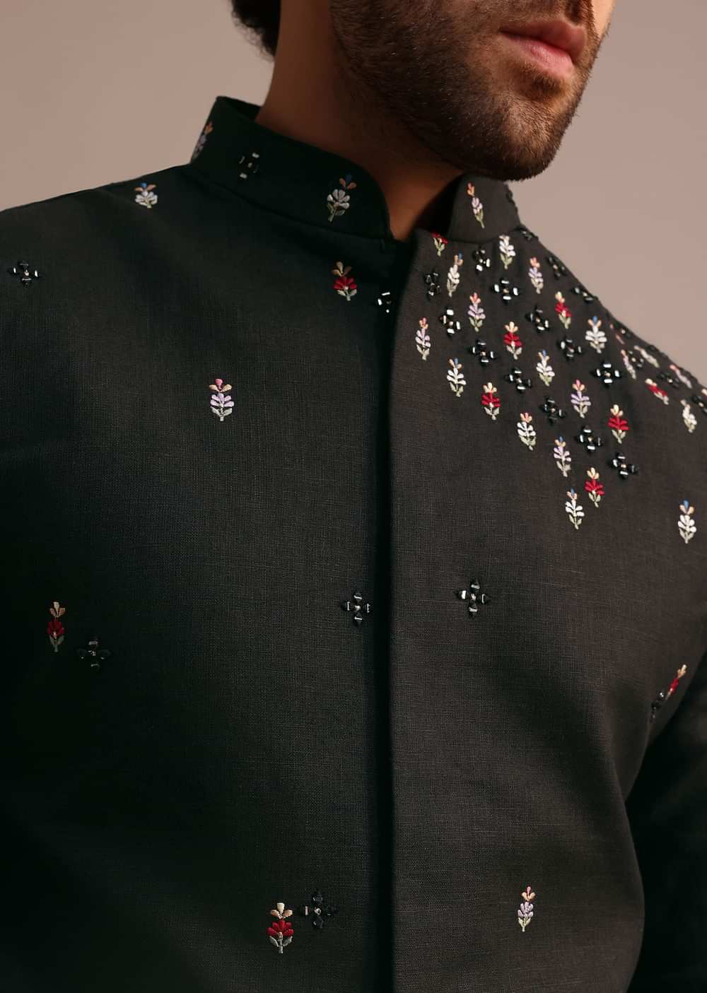 Black Kurta Jacket Set With Resham Work