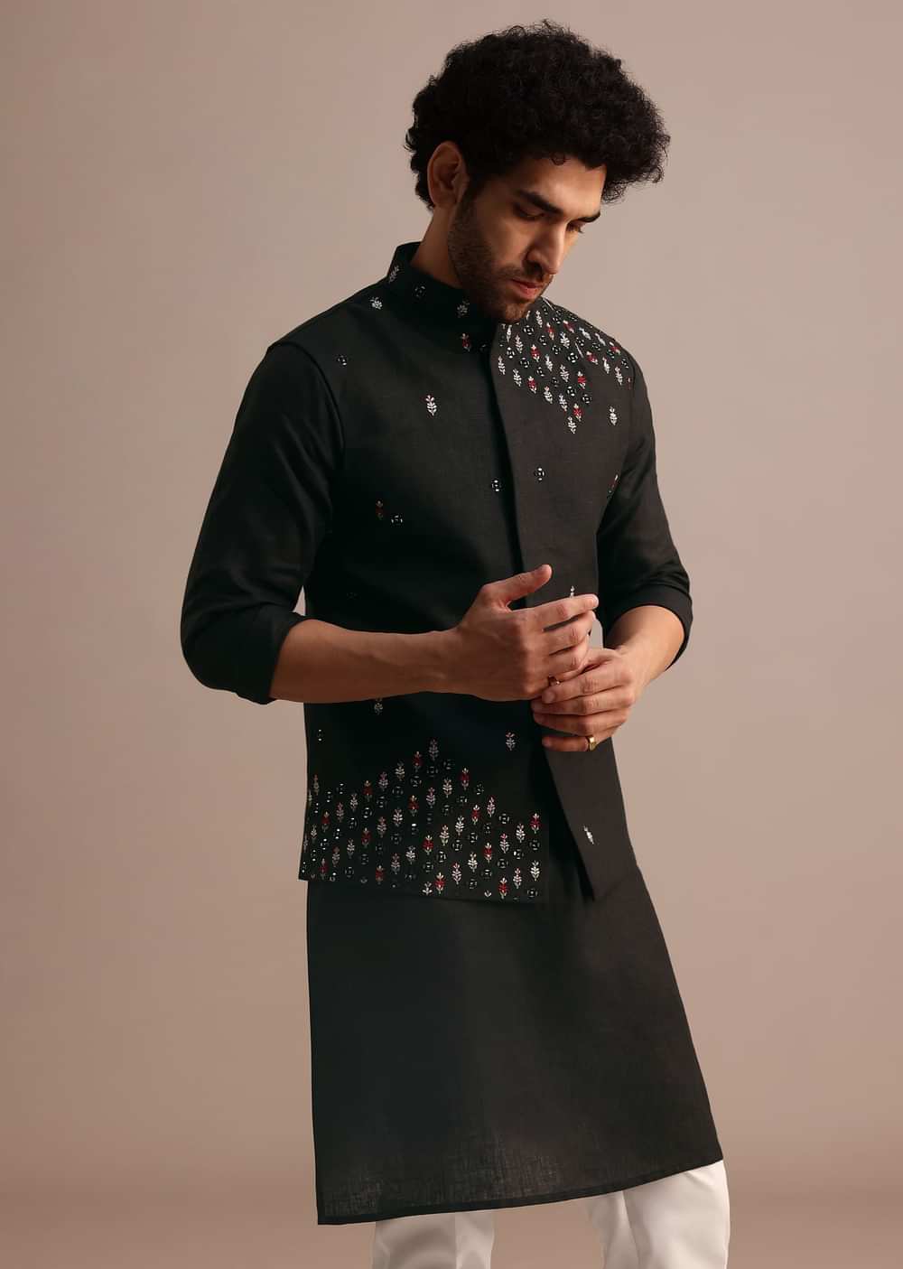 Black Kurta Jacket Set With Resham Work