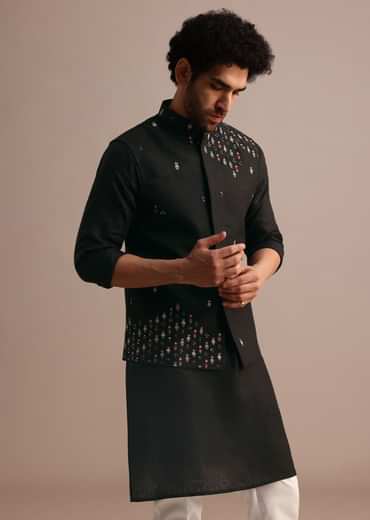 Black Kurta Jacket Set With Resham Work