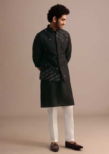 Black Kurta Jacket Set With Resham Work