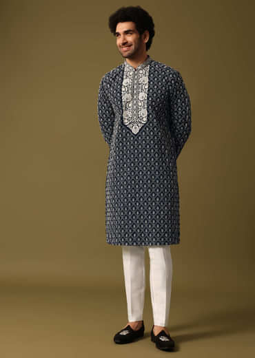 Blue Kurta Pant Set With Dupatta In Resham Work