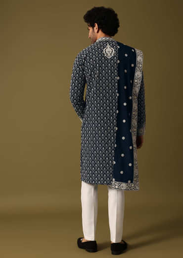 Blue Kurta Pant Set With Dupatta In Resham Work