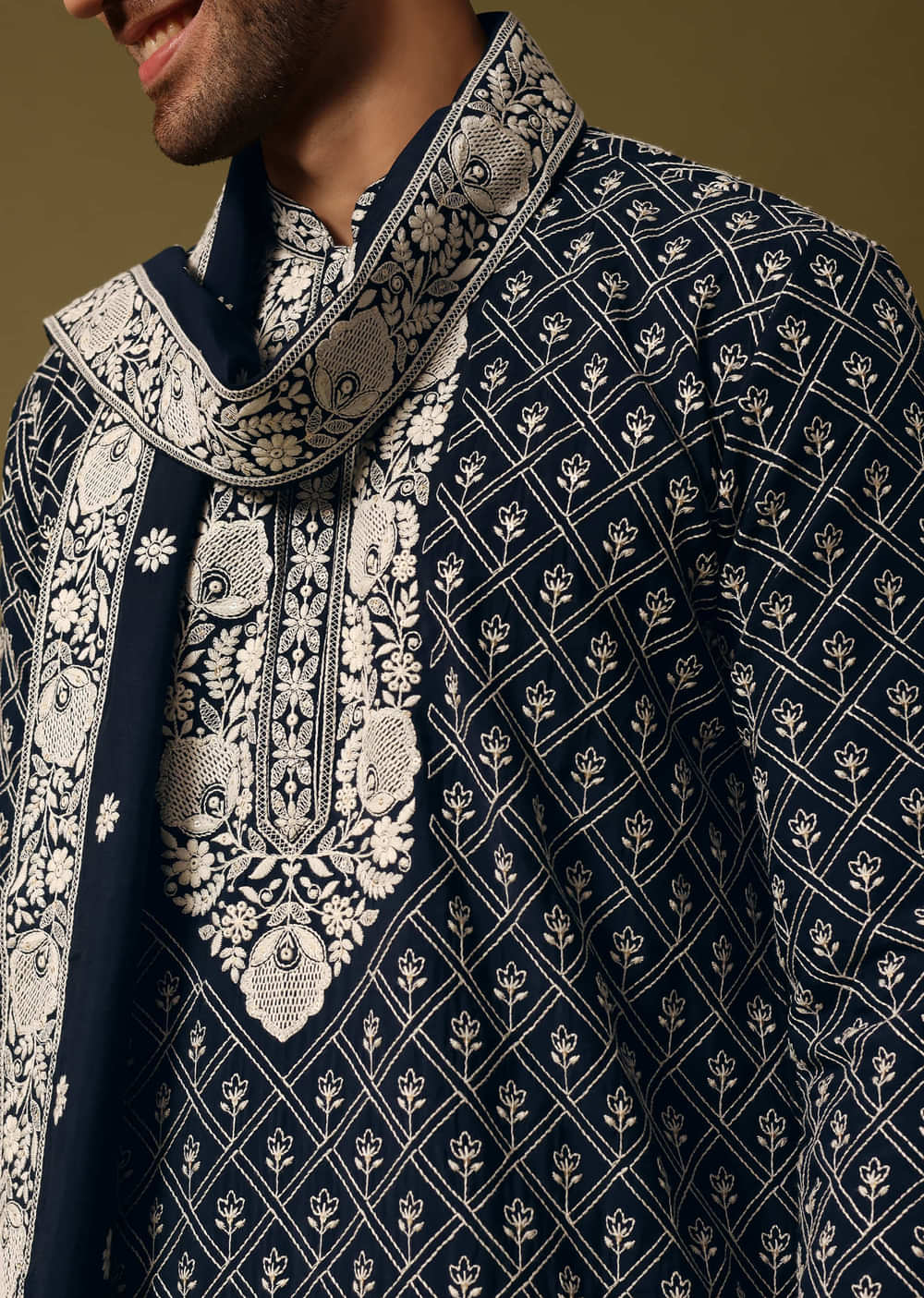 Blue Kurta Pant Set With Dupatta In Resham Work