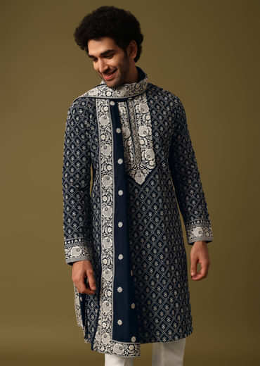 Blue Kurta Pant Set With Dupatta In Resham Work