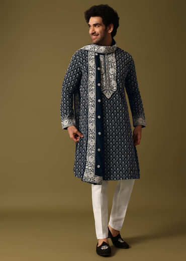 Blue Kurta Pant Set With Dupatta In Resham Work