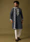 Blue Kurta Pant Set With Dupatta In Resham Work
