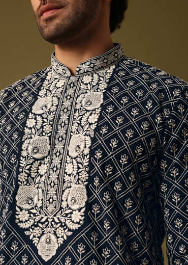 Blue Kurta Pant Set With Dupatta In Resham Work