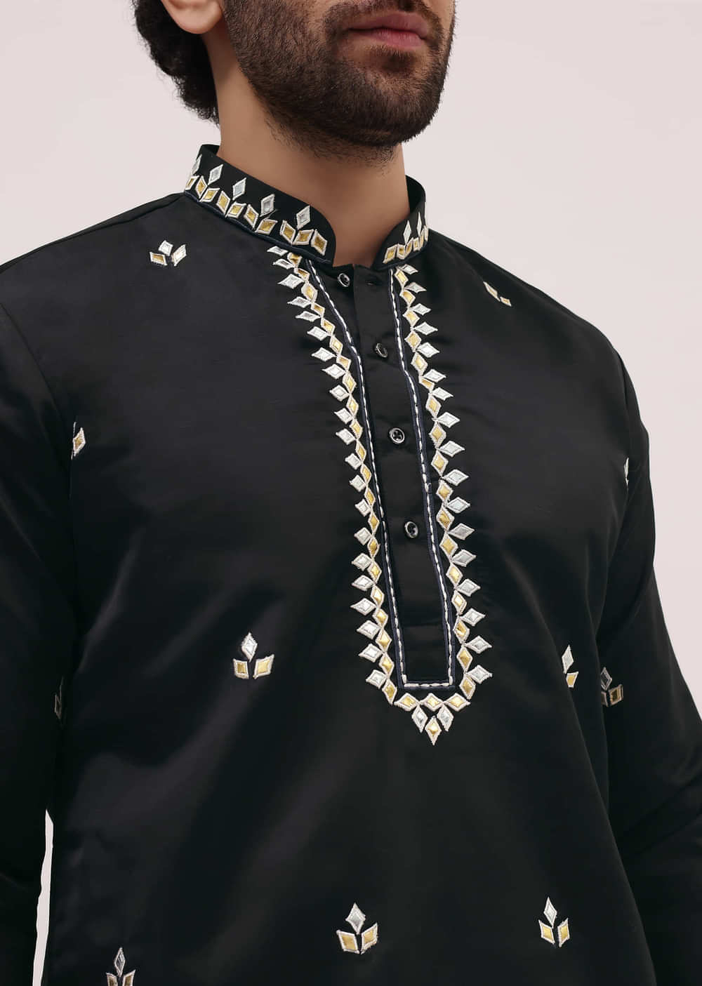 Black Kurta Set With Abla Work For Men