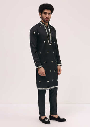 Black Kurta Set With Abla Work For Men