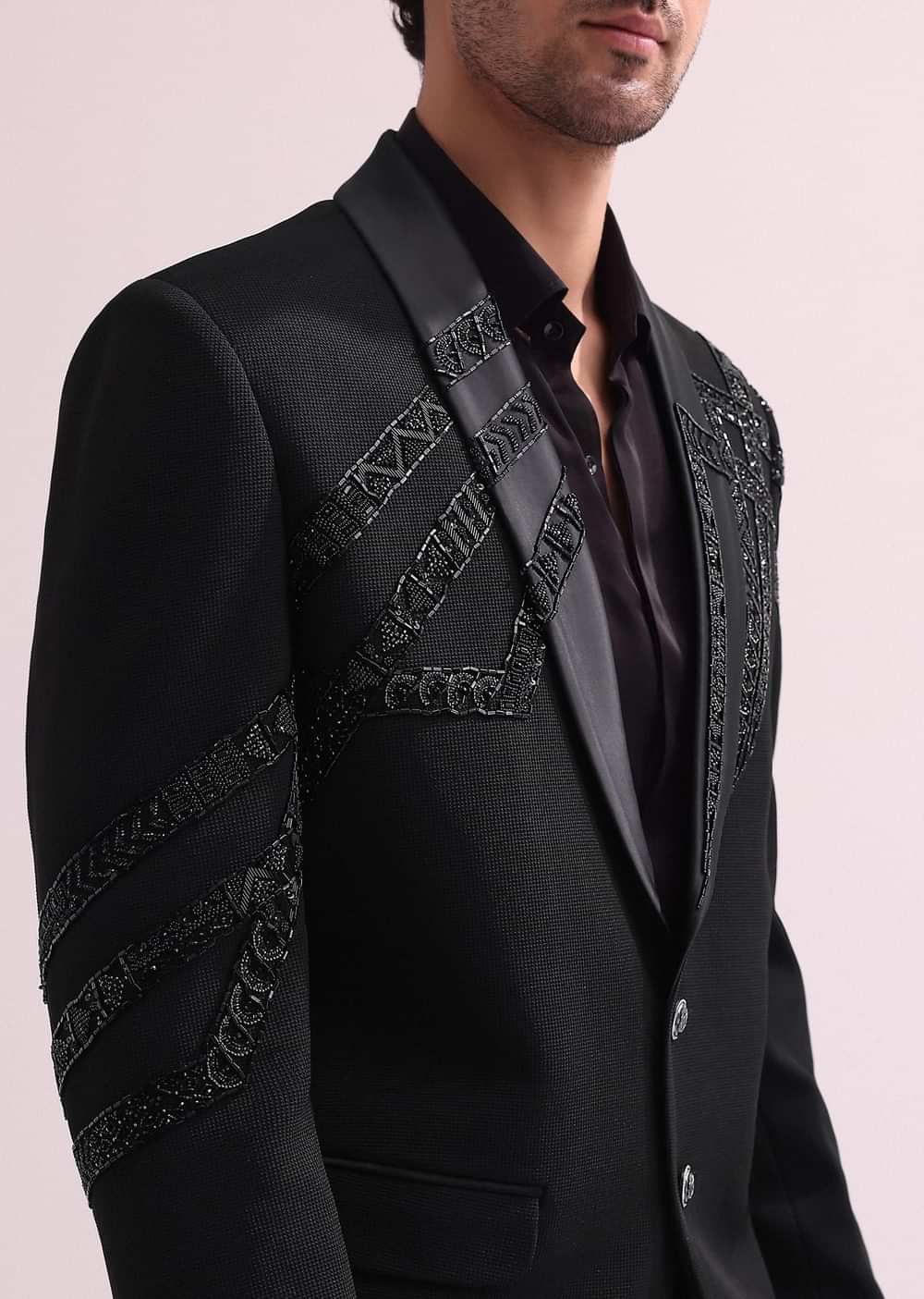 Black Lapel Hand Embroidered Tuxedo With Shirt And Pants