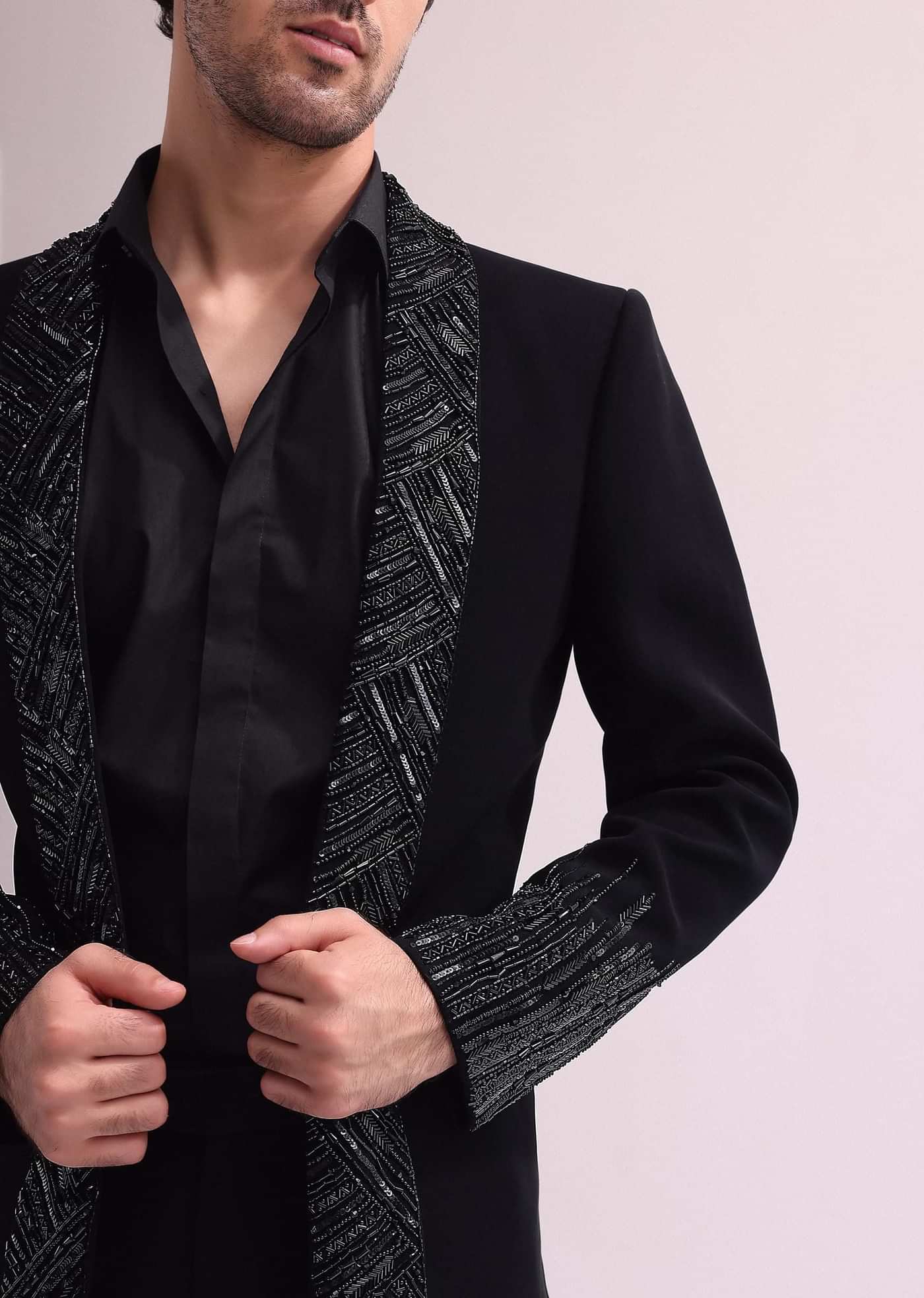 Black Lapel Tuxedo In Suiting With Shirt And Pants