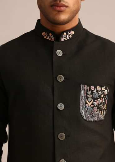 Black Linen Floral Resham Work Jacket Kurta Set