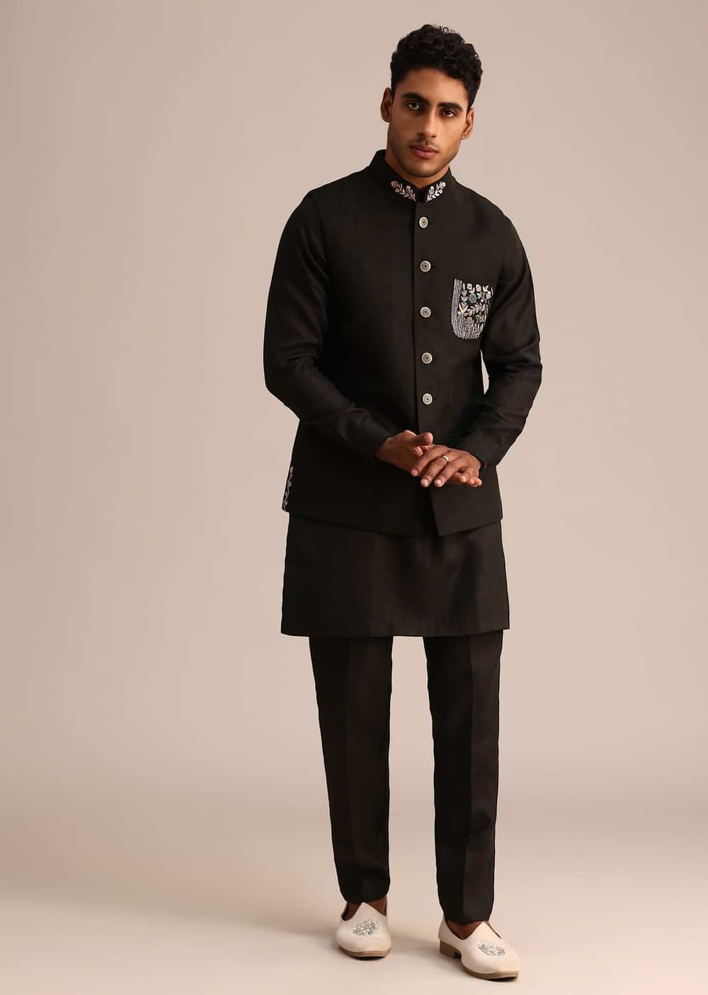 Black Linen Floral Resham Work Jacket Kurta Set