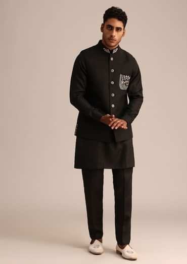 Black Linen Floral Resham Work Jacket Kurta Set
