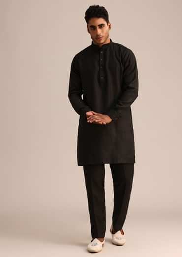 Black Linen Floral Resham Work Jacket Kurta Set