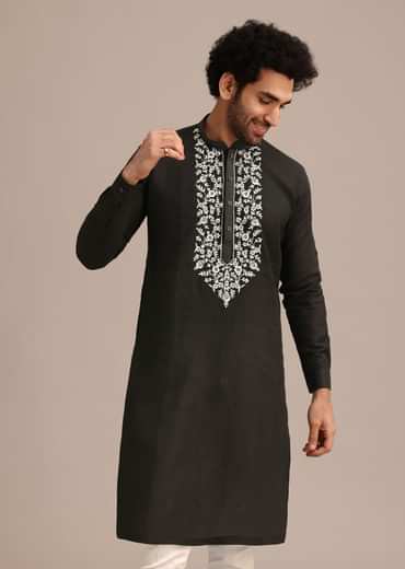 Black Linen Floral Resham Work Kurta Set