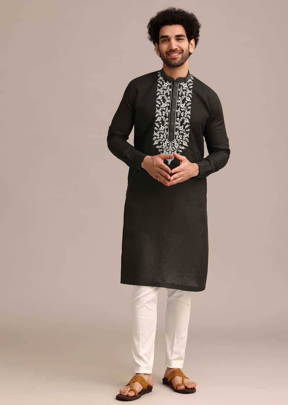 Black Linen Floral Resham Work Kurta Set