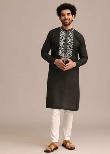 Black Linen Floral Resham Work Kurta Set