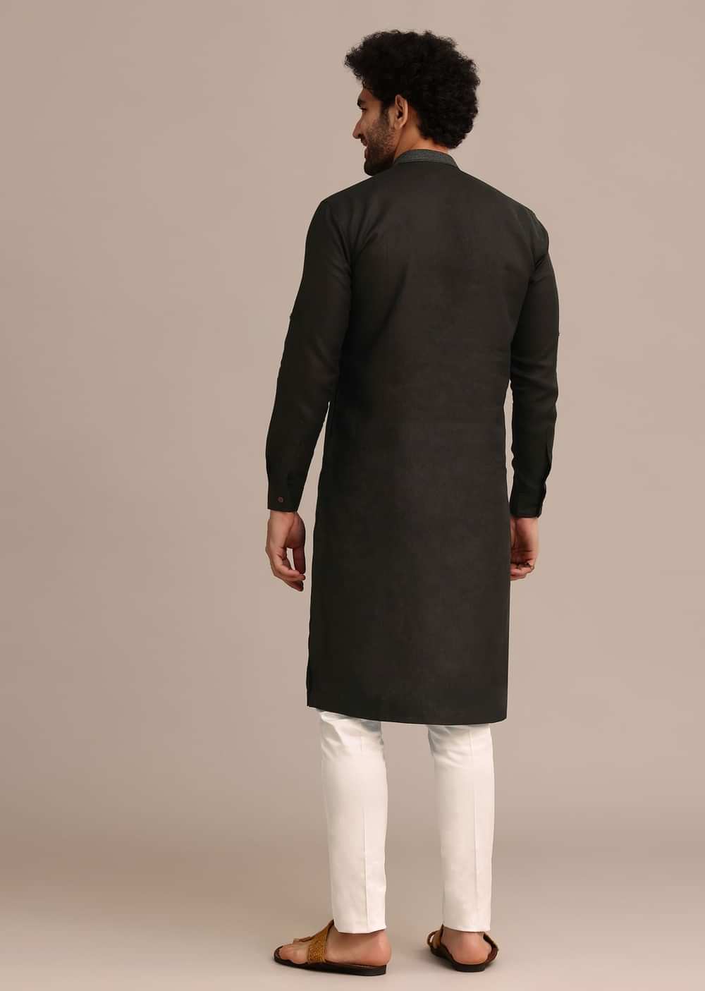 Black Linen Floral Resham Work Kurta Set