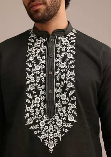 Black Linen Floral Resham Work Kurta Set
