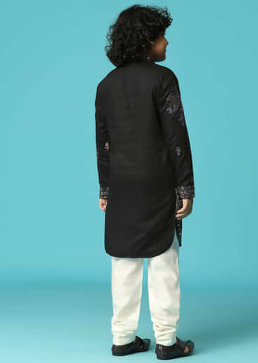 Black Linen Kurta Pant Set With Resham Work For Boys