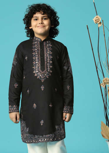 Black Linen Kurta Pant Set With Resham Work For Boys