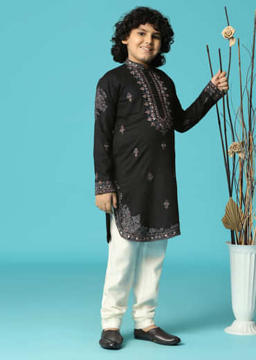 Black Linen Kurta Pant Set With Resham Work For Boys