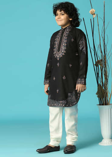 Black Linen Kurta Pant Set With Resham Work For Boys