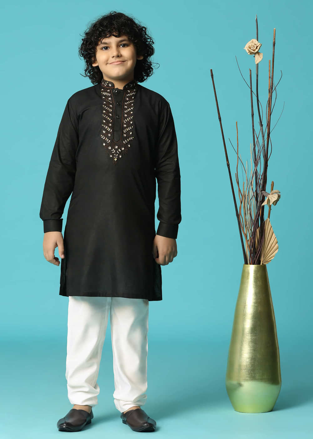Black Linen Kurta Pant With Resham Work For Boys
